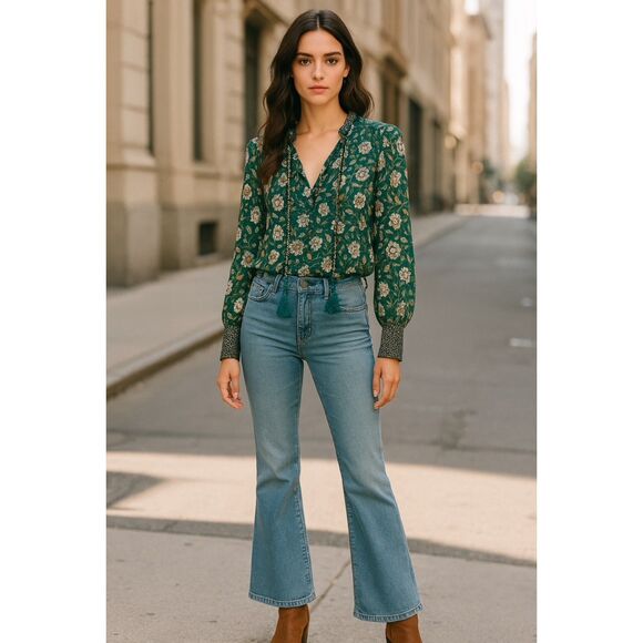 ALLISON NEW YORK Emerald Green Floral Print Tassel Tie Blouse, Sz S - Picture 1 of 12